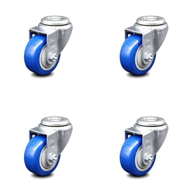 3 Inch Blue Polyurethane Wheel Swivel Bolt Hole Caster Set